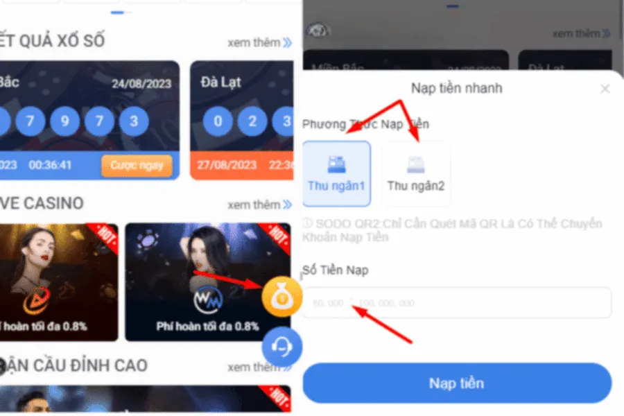nạp tiền sodo qua cổng nạp nhanh